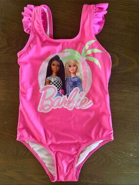 Barbie Bright Pink Ruffle Strap One-Piece Swimsuit, size 5T/6